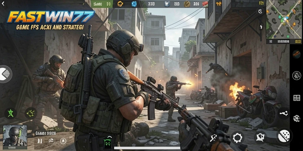 Screenshot utama dengan aksi seru dalam permainan FPS FASTWIN77.