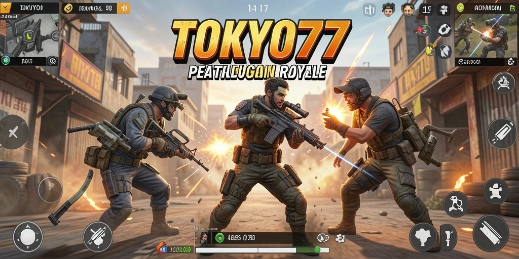 Tampilan gameplay seru di <strong>TOKYO77</strong> dengan berbagai karakter bertempur di arena.